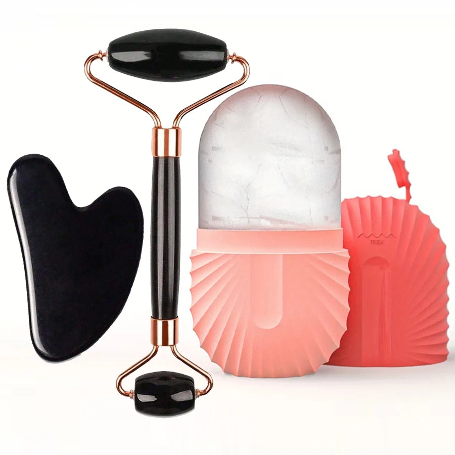 Kit Facial Masajeador: Rodillo de Hielo y Gua Sha con Efecto Lifting