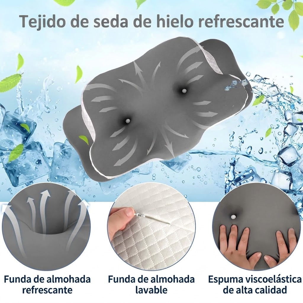 Almohada Cervical de Espuma Viscoelástica con Diseño Ergonómico y Funda de Seda de Hielo Refrescante